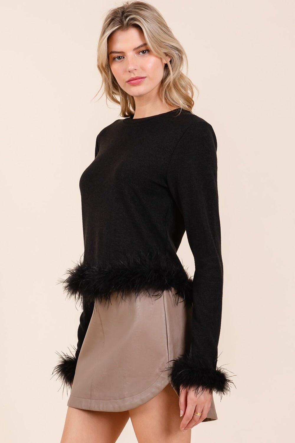 Mittoshop Feather Trim Long Sleeve Crop Hacci Knit Top